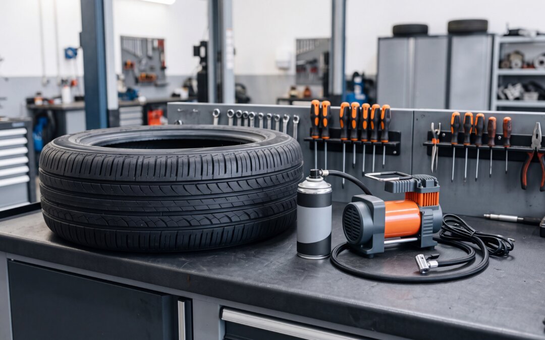 A modern car tyre resting beside a temporary puncture repair kit in a workshop